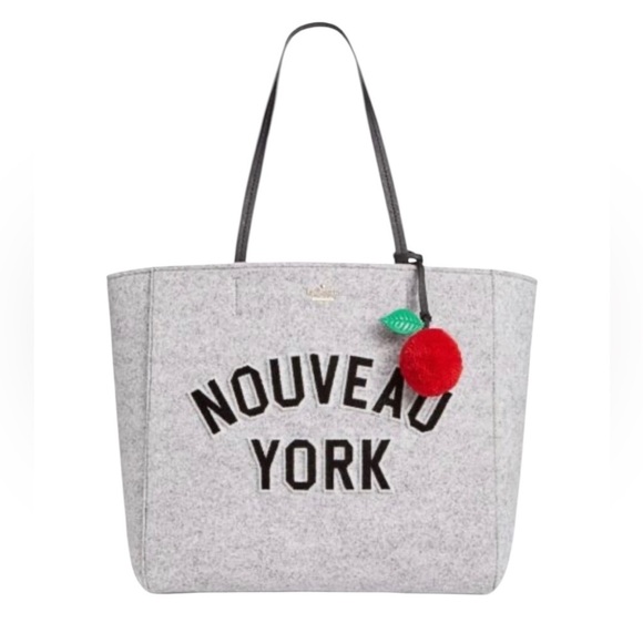 Kate Spade Nouveau York Tote Bag Hallie Gray Wool Felt Purse New York Bag Charm - Picture 1 of 12